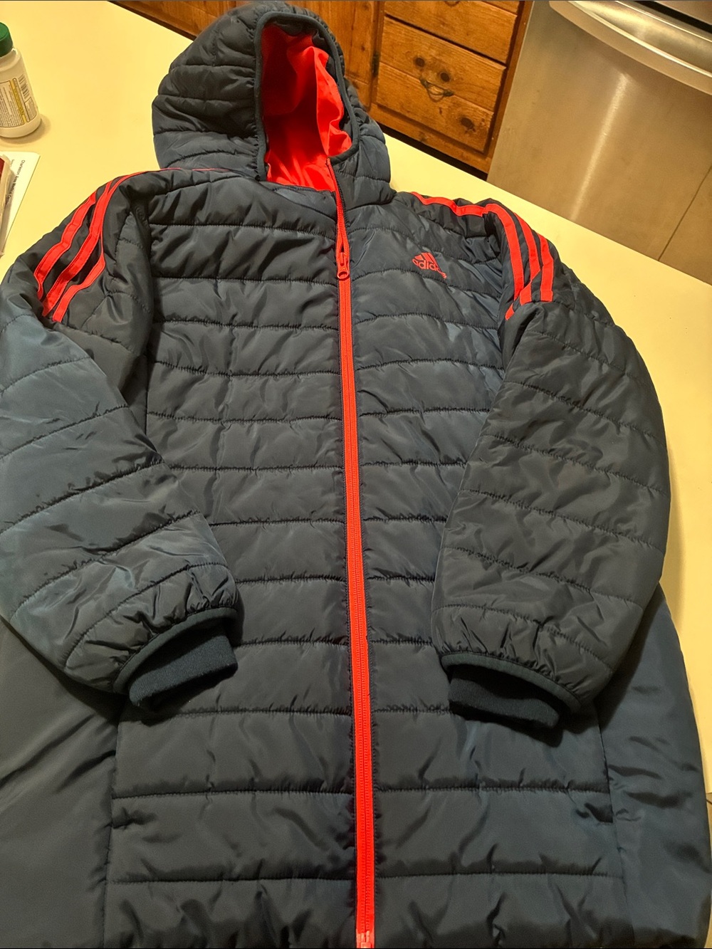 adidas Kids Navy Puffer Jacket with Red Trim